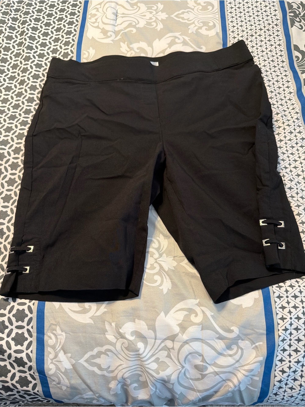 Black Womens Mid-Length Shorts with Side Buckle Detail